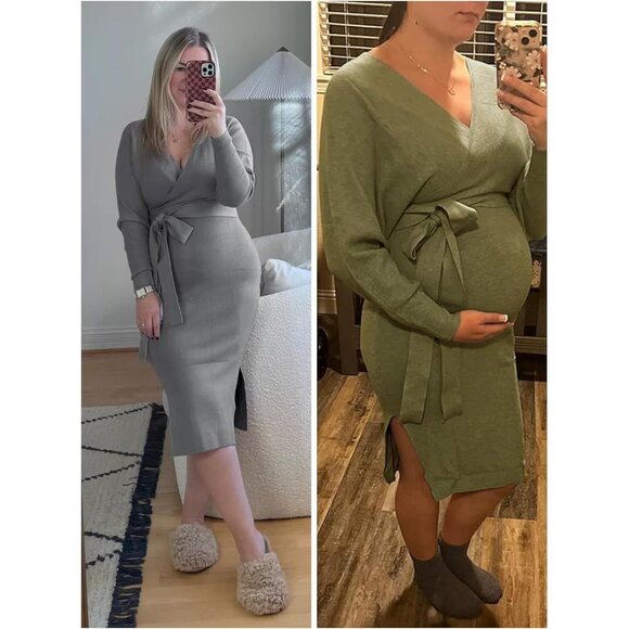 Women's Sweater Dress Wrap Batwing V Neck Slit Bodycon Dress Valentine Grey - Picture 7 of 7